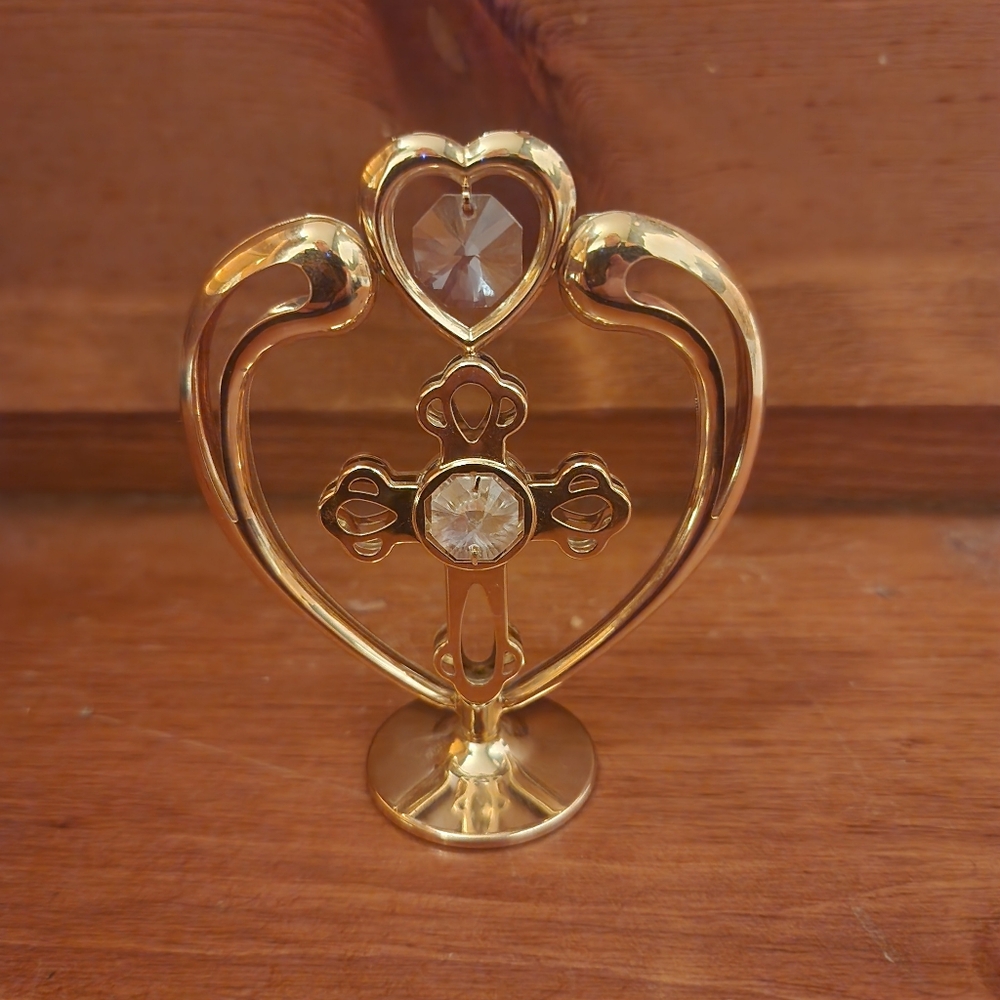 24K Gold Plated Cross in Heart w/Swarovski Crystal
